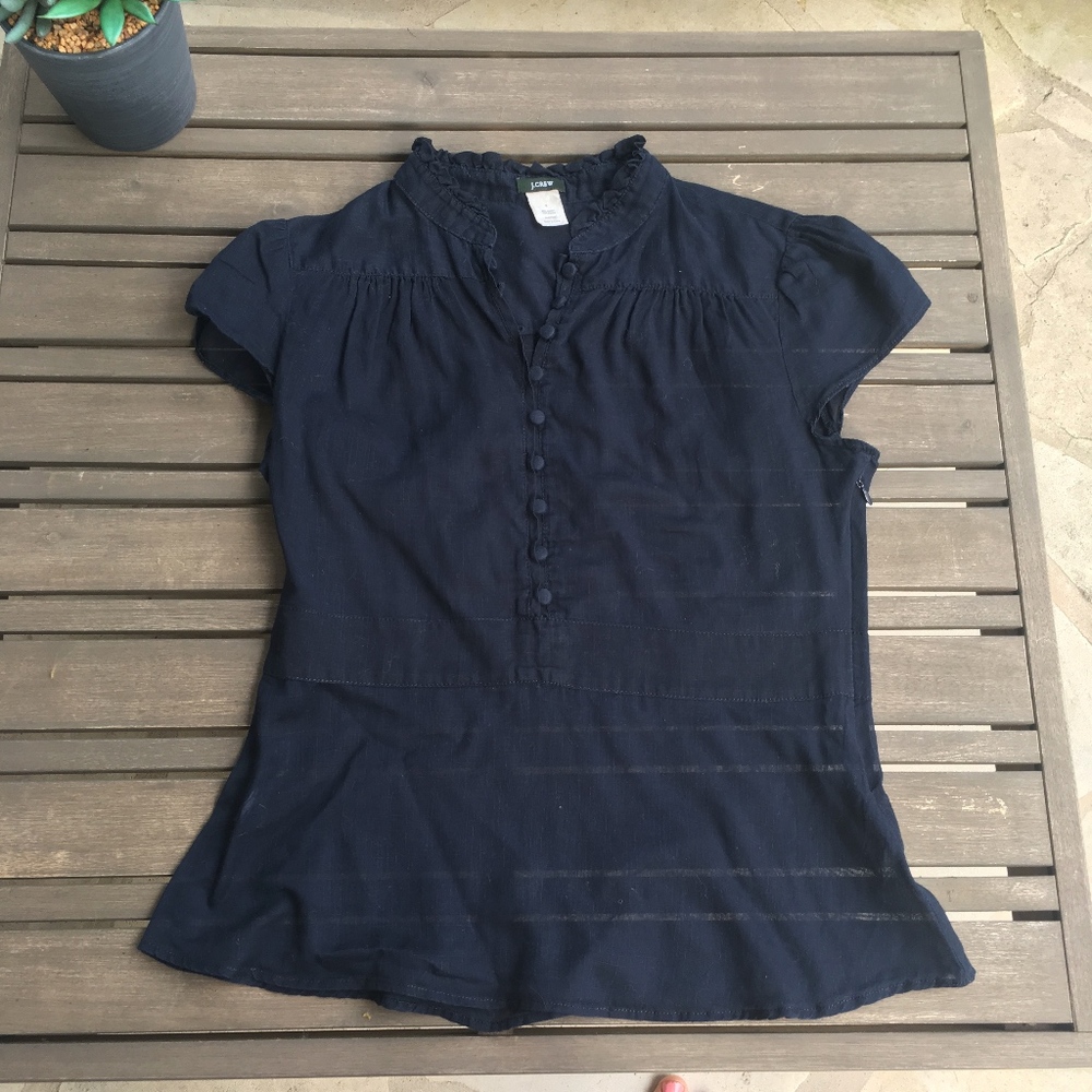 J. Crew Navy Short Sleeve Ruffled Collar Button Front Blouse